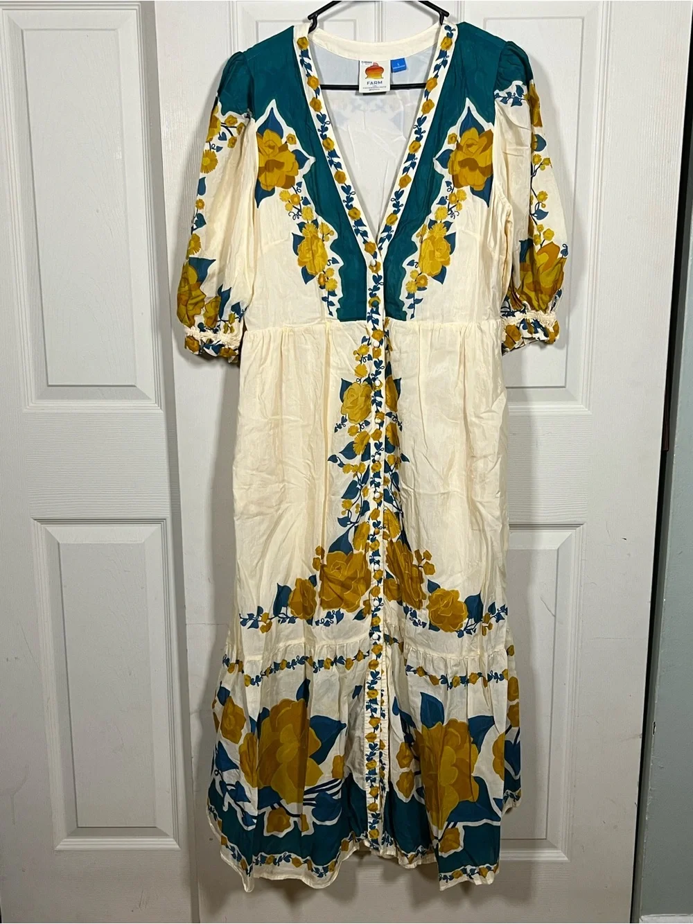 FARM Rio for Anthropologie Floral Puff Sleeve Button Front Midi Dress Large - Picture 2 of 7